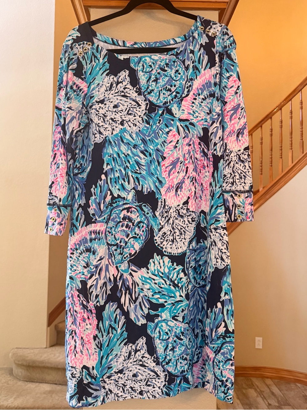 Lilly Pulitzer Navy Floral Shift Dress with Pink & Teal Accents - Picture 2 of 2